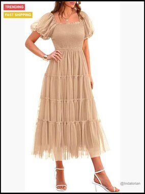 Smocked Midi Tulle Dress Puffy Short Sleeve Square Neck Ruffle